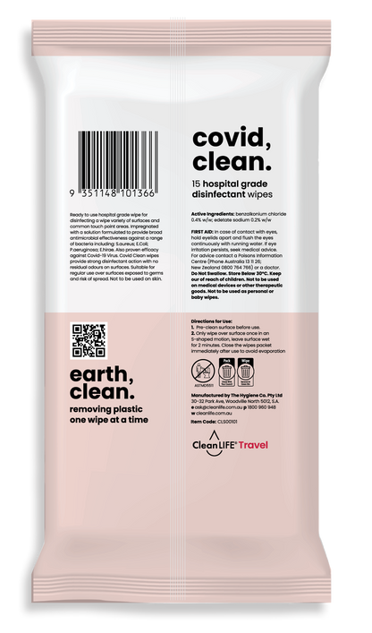 CleanLIFE - Covid clean - hospital grade disinfectant wipes