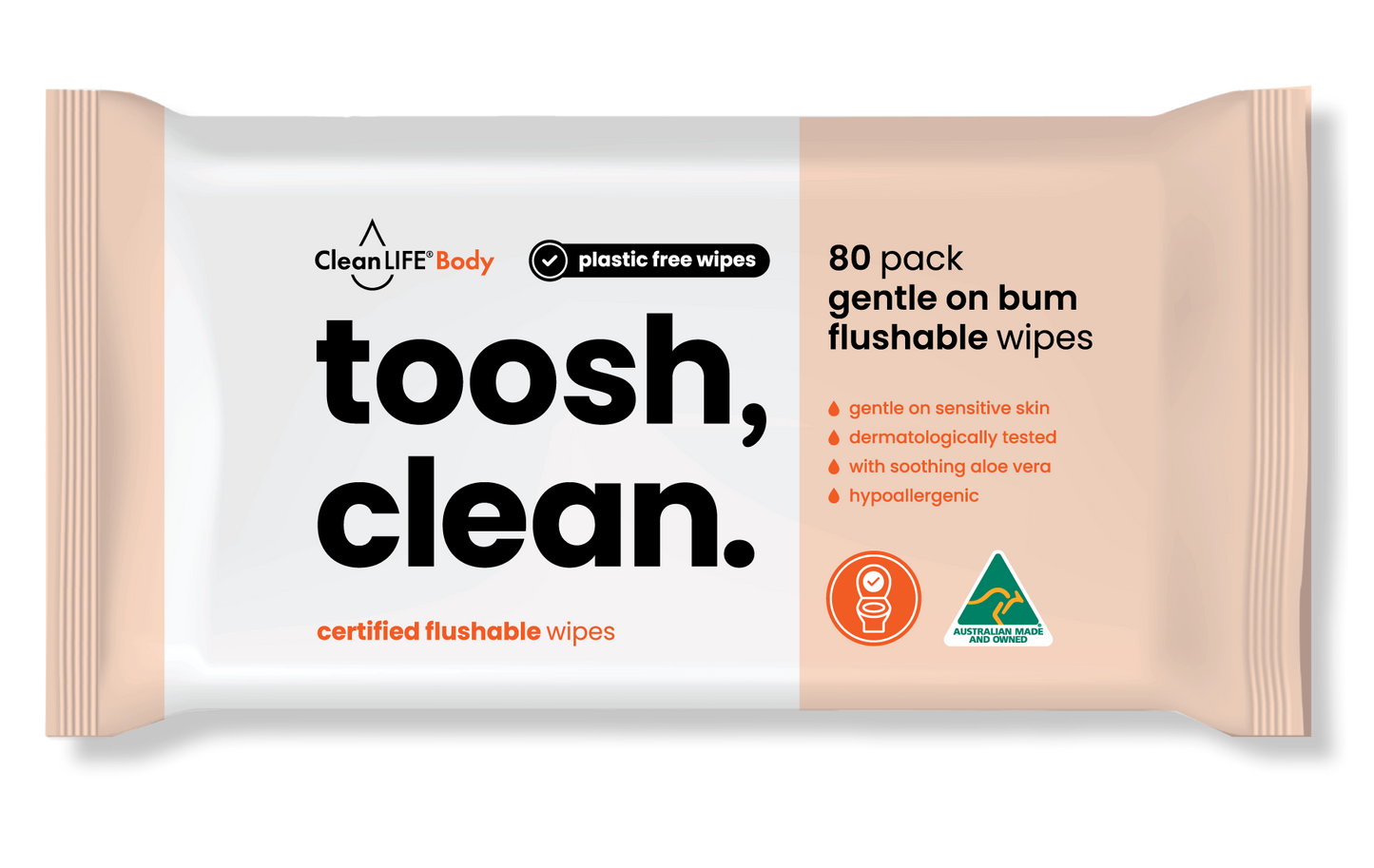toosh clean 80 pack gentle on bum flushable wipes
