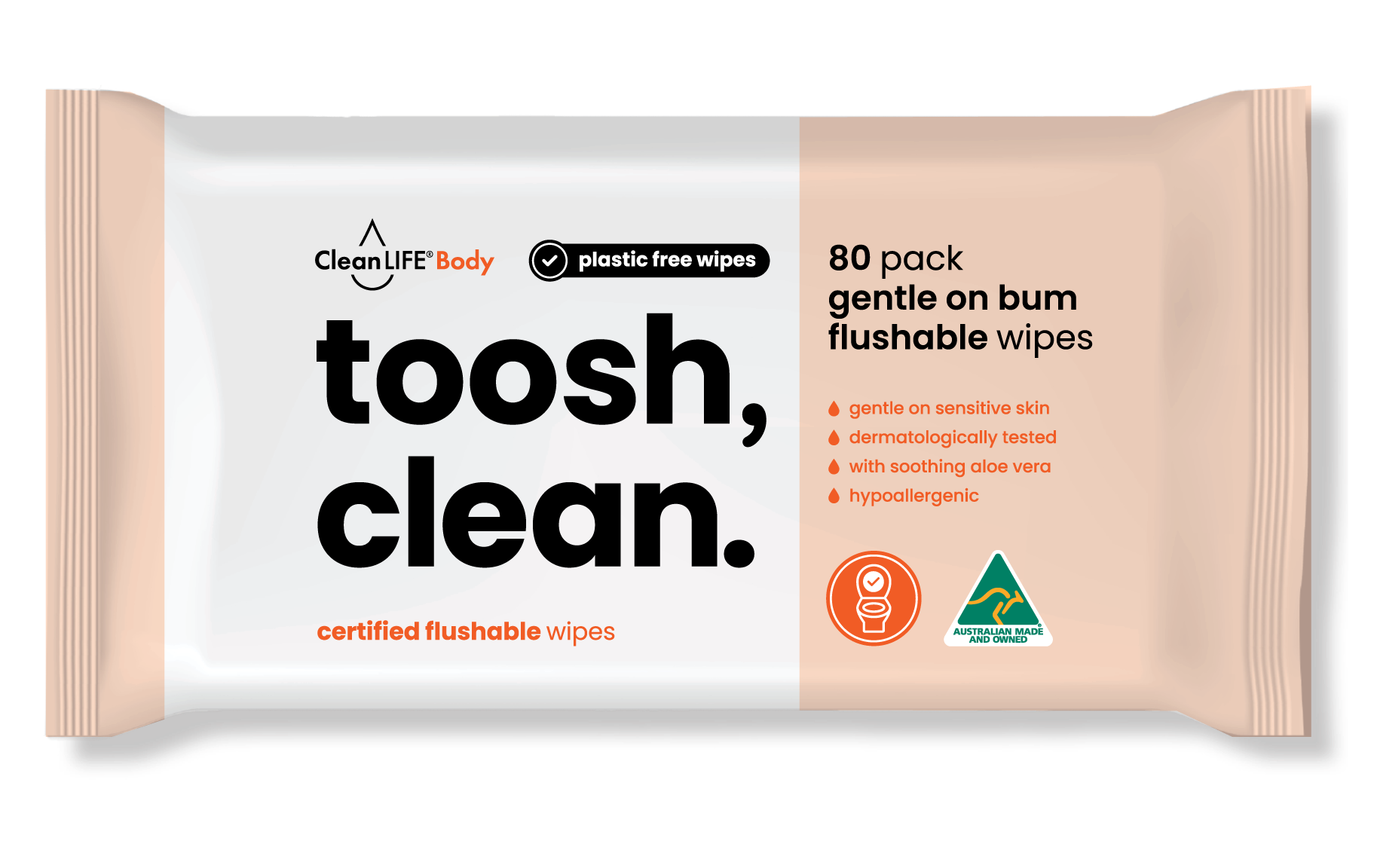 toosh clean 80 pack gentle on bum flushable wipes