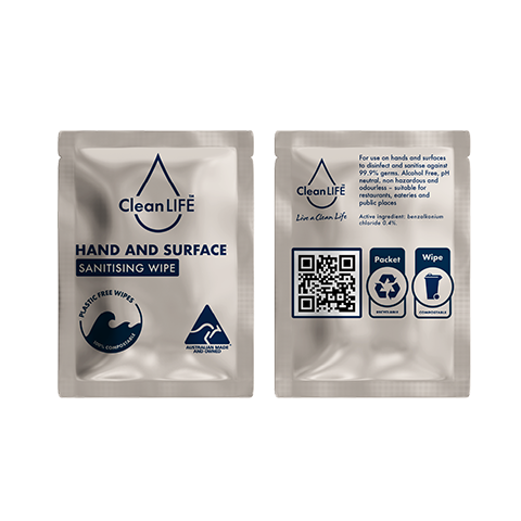 CleanLIFE Hand and surface sanitising wipes satchet
